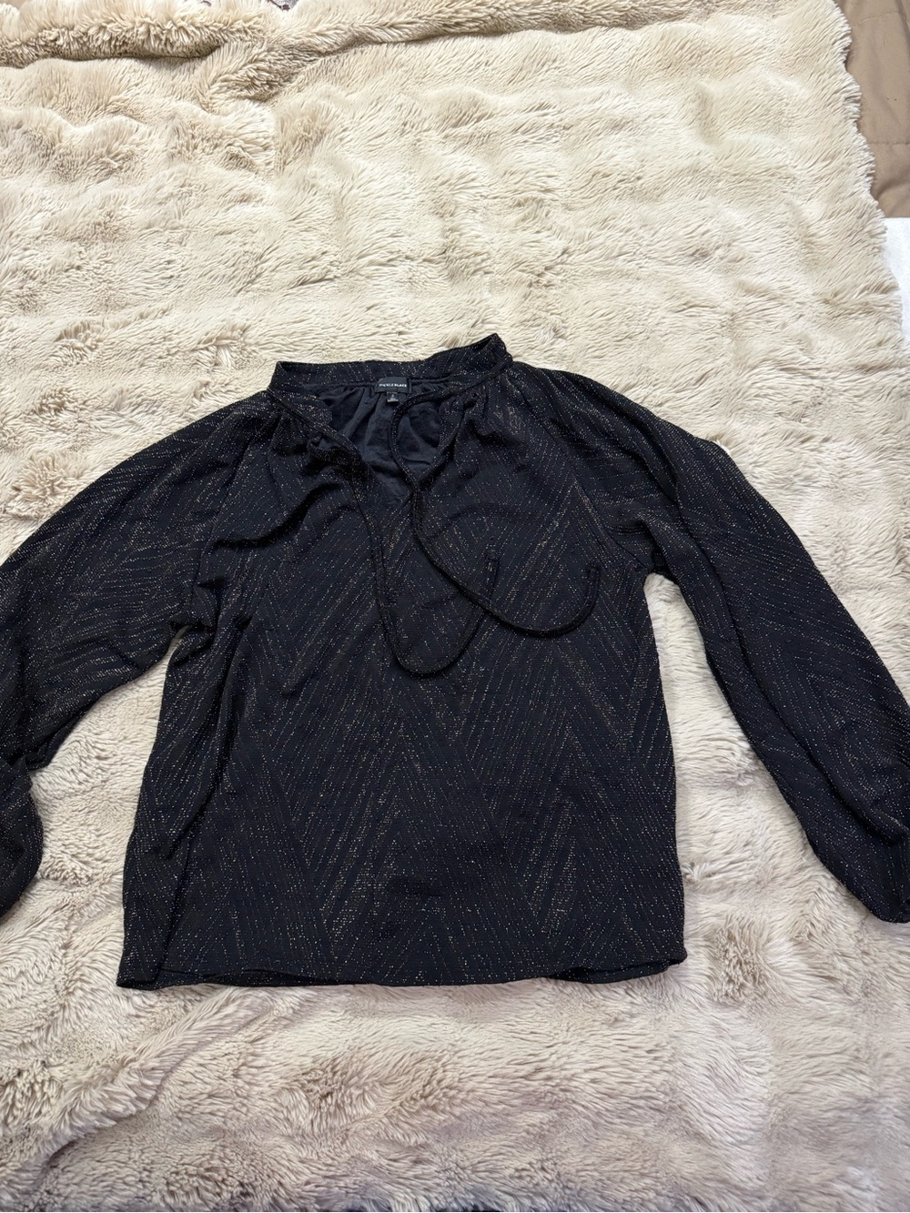 Buckle Black Metallic-Thread Long Sleeve Tie-Neck Blouse